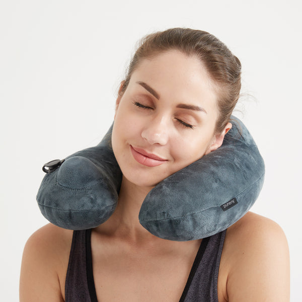 Purefly Inflatable Travel Pillow Soft Velvet Neck Support Pillows for  Airplanes Car and Home Washable Cover with Portable Pack sack