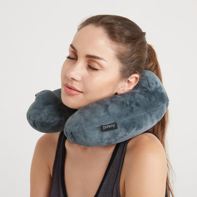 Purefly Soft Velvet Inflatable Travel Neck Pillow for Airplanes with Packsack - LENCOO